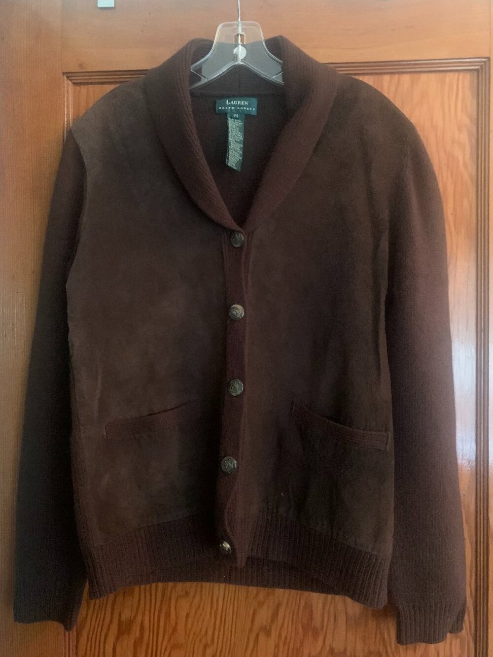 Lauren Ralph Lauren Suede Leather Front Wool Cashmere Shawl Cardigan Brown M